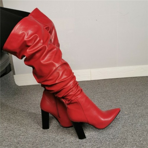 Gift Red Block Heel Pointy Toe Overknee 