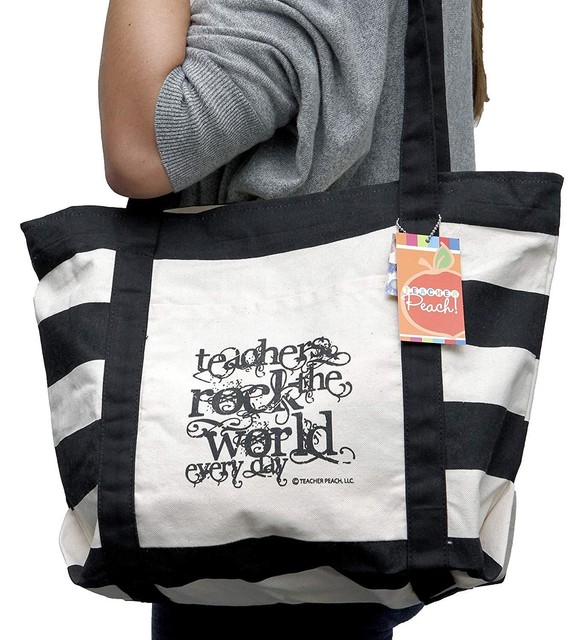Teacher Peach "Teachers Rock" Large Canvas Tote Bag Pockets & Zipper Gift eBay