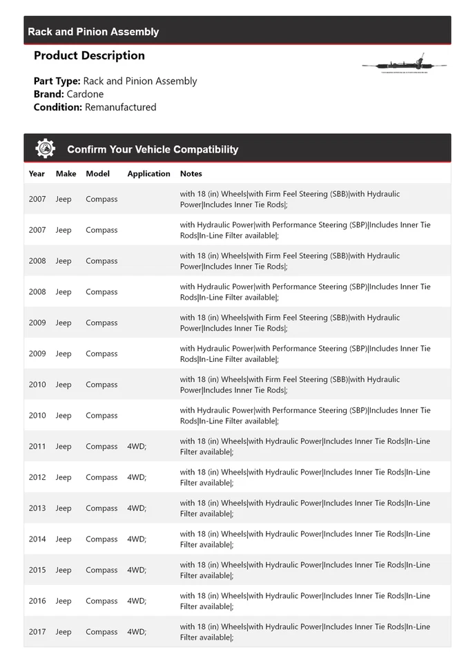 Conjunto de piñón y cremallera Jeep Compass 2007-2017 Cardone 2008 2009 2010 2011 Foto 2 de 4