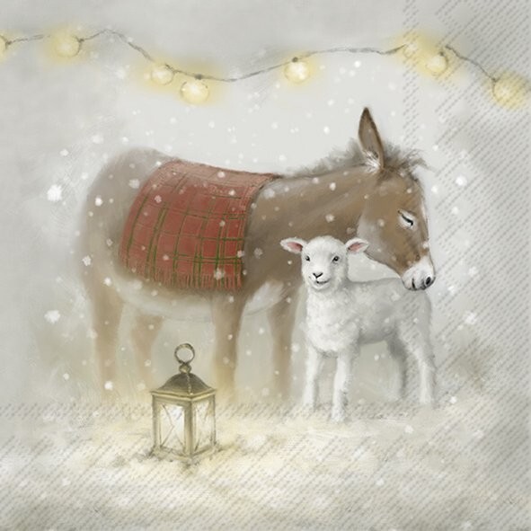 4 x Paper Napkins/33cm/3Ply/Decoupage/Christmas/Donkey and Lamb in the Snow