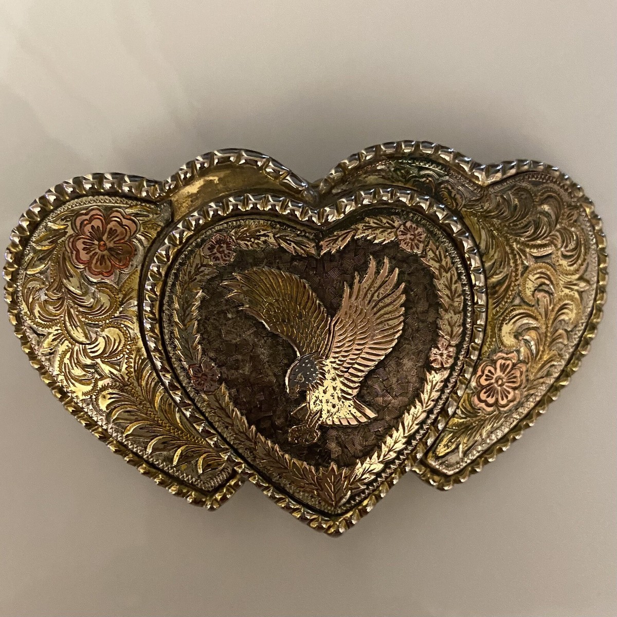 W USA Rare Triple Heart Eagle Belt Buckle Heavy Metals Western