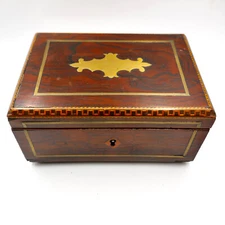 Georgian Greek Key Marquetry Wood Sewing Jewelry Box 7" Inlaid Brass  Antique