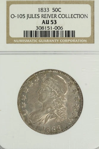 1833 Capped Bust Half Dollar : NGC AU53 O-105  Jules Reiver Collection