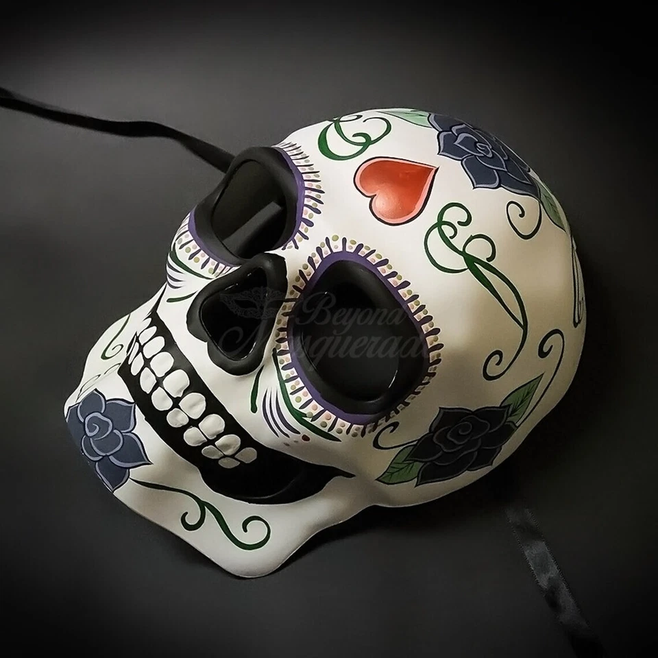 Day of the Dead Full Face White Skull Halloween Masquerade Mask with Heart - Image 3 of 4