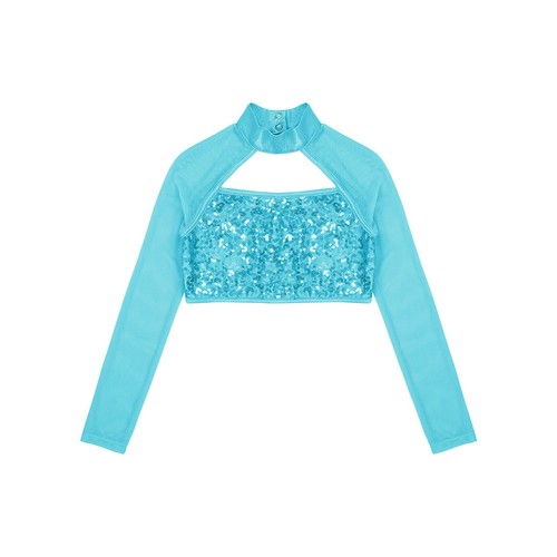 Kid Girl's Shiny Sequins Dance Crop Tops Long Sleeve One Shoulder T-Shirt Top - Picture 101 of 105