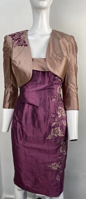 NEU MIT ETIKETT JOHN CHARLES KIRSCHE/ROSE SEIDE GARN BLEISTIFTKLEID & BOLERO JACKE GRÖSSE 10