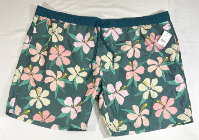 Men's Mad Engine Swim Shorts Green Floral Comfort Elastic Waist Size 2XL NWT