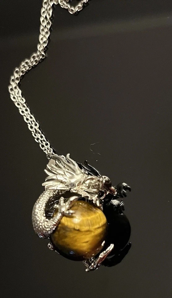 Collar Dragón Acero Inoxidable Gema Redonda Ojo de Tigre Dorado Natural 6mm Por NIA Foto 3 de 4