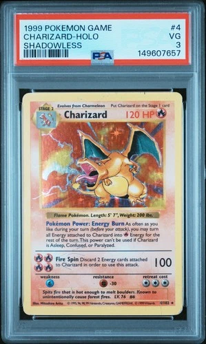 1999 POKEMON GAME SHADOWLESS #4 CHARIZARD-HOLO PSA 3