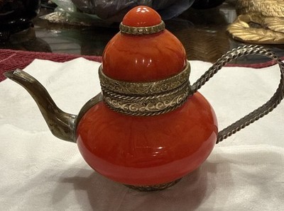 B158-Antique Small Morrocan Teapot with Lid Brass Orange/Red Plastic Beautiful