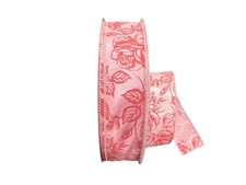 Pink Satin Glitter Ribbon Dusty Red Roses Floral Wired 1.5" x 10 Yards
