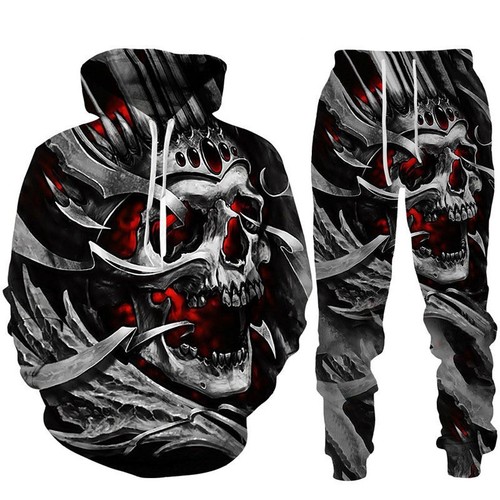 Unisex Hoodie & Jogger Set: Skull Print Punk Sporty Casual Halloween Outfit - Picture 17 of 29
