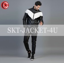 Men's Lambskin Leather Track Suit Sweatsuit Black/White Jogging Tracksuit