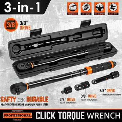 1/4" 1/2" 3/8" Square Drive Torque Wrench 3 in 1 Ratchet 13.6-108.5Nm 10-80Ft-Lb - Image 1 of 4
