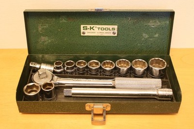 Vintage S-K Tools 11Pc 3/8'' Drive Socket Set W/Ratchet In Metal Case + Bonus