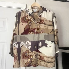 CITRON tan cream white silk asian girl women dragon print boxy button up shirt