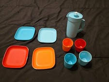 Mini Tupperware 9 Piece Play Set Plates Cups Pitcher Childrens Toys Pre-owned
