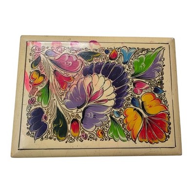 Vintage Hand Painted Wooden Trinket Box Floral Folk Art Jewelry Chest 6x4 Z4