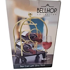 Godinger Bellhop Collection Bar Cart w/ Wine Rack Gold Finish NIB 10x 7x 16"