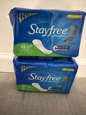(2)Stayfree Ultra Thin Long Super Pads With Wings 32 Count Multi-Fluid Protec