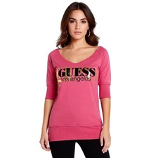 Guess Los Angeles Pink Rhinestone Graphic Logo Sweatshirt Half Sleeve Md NWT