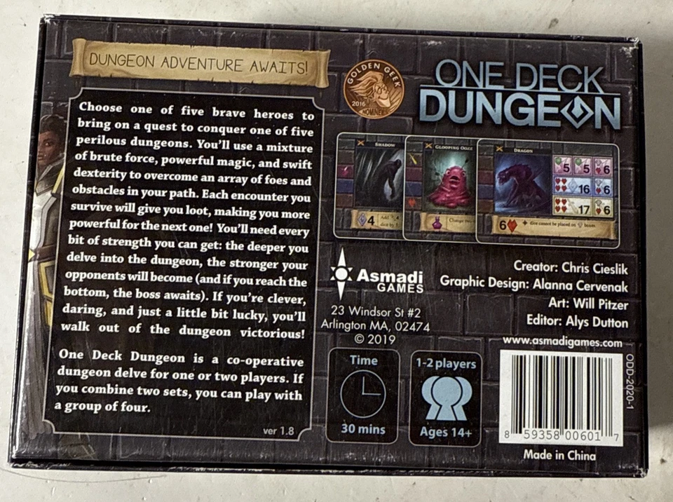 One Deck Dungeon by Chris Cieslik 2016 Asmadi Games Card Game Used - Image 2 of 3