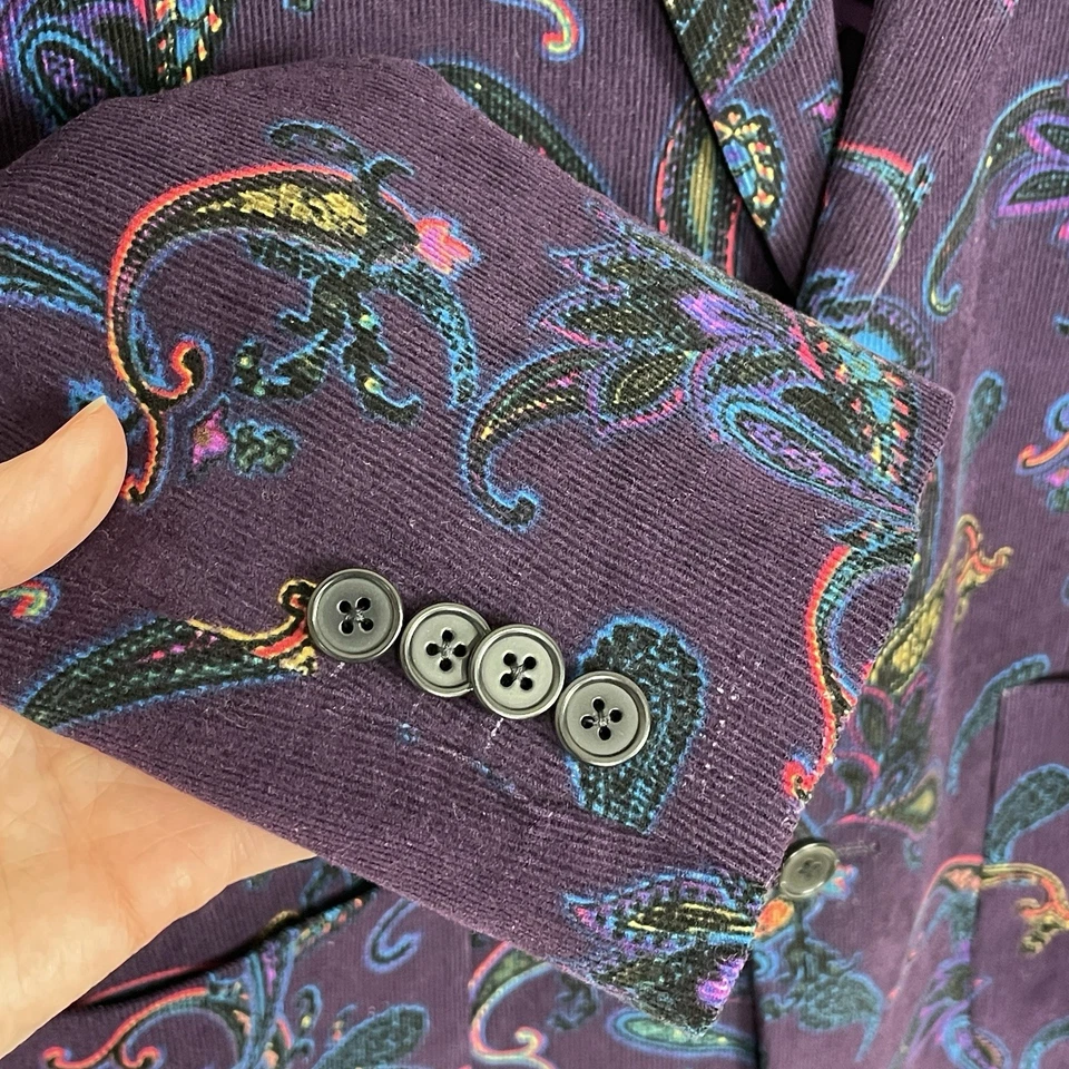 Chaqueta Blazer Alan River Para Hombres Púrpura Paisley Pana Talla L Retro Maximalista Foto 3 de 4