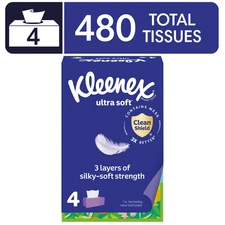 Kleenex Ultra Soft Facial Tissues, 3-Ply, 4 Flat Boxes, 480 Tissues  total