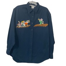 Vintage Disney Store Men's Navy Cotton Embroidered 7 Dwarfs Button Down Shirt M
