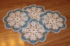 New Hand Crocheted Doily - white and  delft set of 4