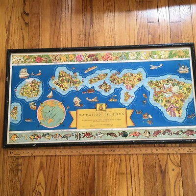 50’sアメリカ モザイクタイル 絵画 額 ビンテージHAWAII 1937 THE DOLE MAP OF THE HAWAIIAN ISLANDS PARKER EDWARDS