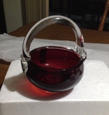 Vintage Hand Blown Ruby Red Glass Basket Bowl With Clear Handle Poland Hand Made