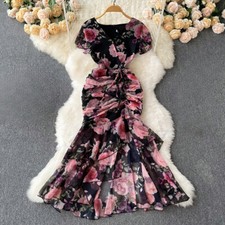 Women Chiffon Floral Dress Fishtail Ruched Frill V-neck Side Slit Party Evening