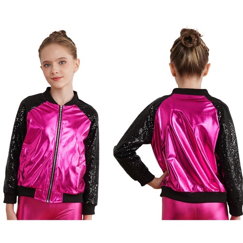 Kids Girls Baseball Jacket Shiny Metallic Long Sleeve Bomber Coat Outerwear - Picture 84 of 104