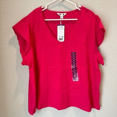 NWT Three Dots Hot Pink 100% Gauzy Cotton Flutter Sleeve Blouse - Size XXL