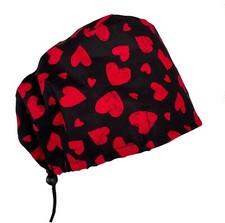 Cord Lock Bouffant Red Sweet Hearts on Black Doctor Nurse Scrub Cap Hat