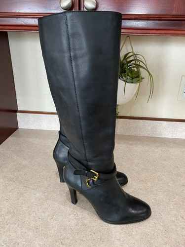 Ralph Lauren Leather Knee-High Boots With Gold Buckle Accents & Stiletto Heels S - Picture 8 of 8