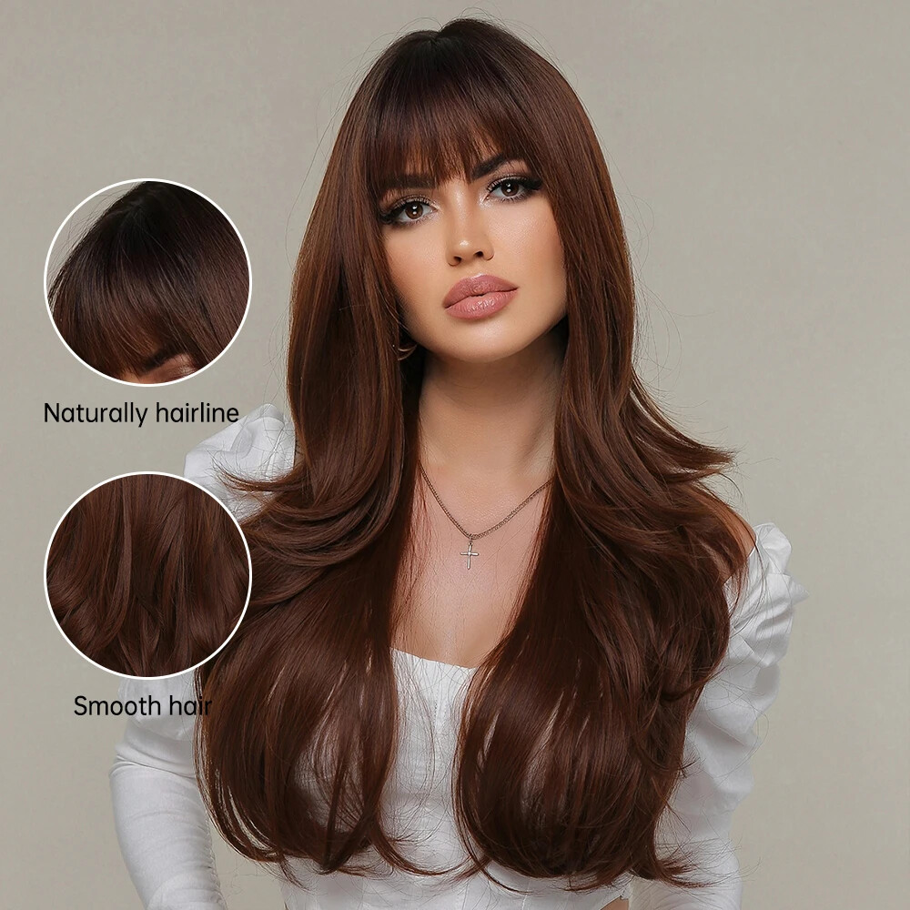 Synthetic Wavy Wig With Bangs 16 Inch Heat Resistant Daily Use Chic Long Wavy Synthetic Wigs with Bangs for Women Cosplay Daily  main image 4