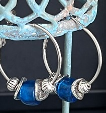Ocean Blue glass and Silver Lever Back Hoop Earrings