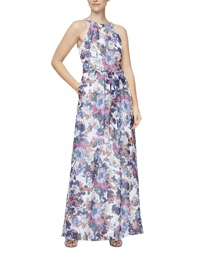 SL Fashions New York Printed Halter Maxi Dress Ivory Multi 4 $109 | eBay
