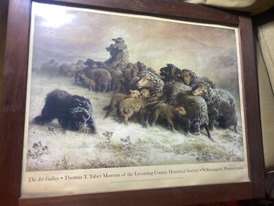 August Shenk (1828 - 1901)  ''Sheep In Snowstorm '' Taber Museum Print - Framed