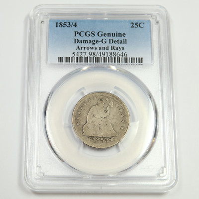 1853/4 P PCGS G Details ARROWS & RAYS Silver Seated Quarter 25C US