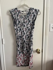 LOFT Floral Tie Waist Cap Sleeve Knit Dress Navy Pink White - Small petite