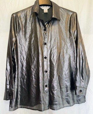 Draper's & Damon s Metallic Silver Button Down Blouse Top - Shimmer Tunic - PS