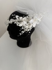 Wedding white bridal Tulle Crown headpiece veil 3D floral Spray pearl Beaded O15