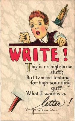 1914 Sayre Davie ''WRITE!'' Humorous Boy Postcard Posted to Harrisonburg VA