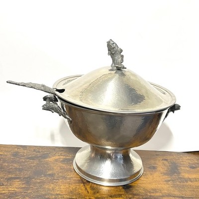 Vtg Old Newbury Pewter Soup Tureen Lid Clam Shell Ladle Fish Coastal Nautical