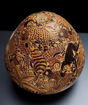 Vintage Peruvian Folk Art Hand Carved Gourd Mate Burilado Amazon Jungle Animals