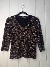 Briggs Shirt Blouse PM Petite M 3/4 Sleeve Soft Stretch Pattern Black Tan