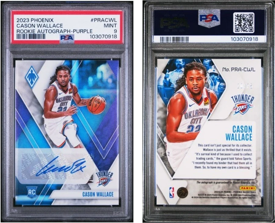 2023 Panini Phoenix Rookie Auto Cason Wallace Purple SP RC /75 PSA 9 OKC Thunder - Image 3 of 3
